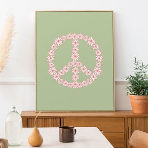 Flower Peace Sign Wall Decor Art Print, Retro Aesthetic 70s Hippie Poster, Danish Pastel Printed Wall Art, Green Floral Peace Symbol 087