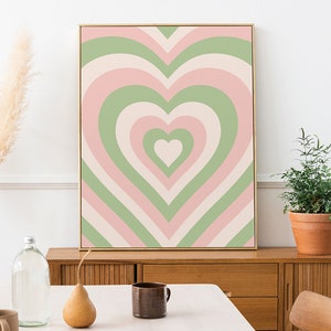 Pink Green Hearts Wall Art Print, Pastel Y2K Retro Aesthetic Poster, Danish Pastel Teen Girls Room Decor, Radiating Heart Poster 046