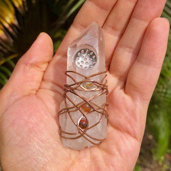 Clear Quartz Pipe Wire Wrapped Orange, Red & Green Moss Agate with Vintage Copper Wire