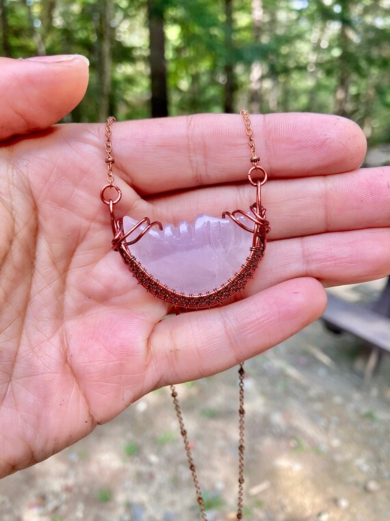 Rose Quartz Crescent Moon With Face Tarnish Resistant Copper Wire