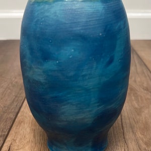 Handmade eclectic unique blue green flower vase with blue on blue accents. Beautiful decorative vase for a small flower bouquet.