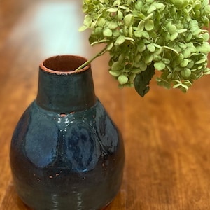 Handmade Boho unique blue green flower vase with red clay accent