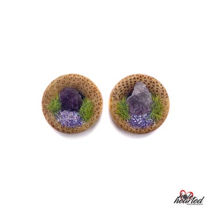 10mm Handmade No. 655 Amethyst Pair Bamboo Wood Double Flare Ear Tunnels Plugs Gauges Stretchers
