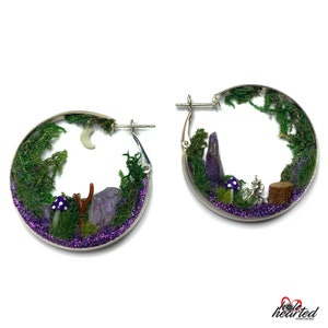 Pair of Medium Steel 38mm No. 598 Unicorn Glow in the Dark Moon and Amethyst Lever Hinge Terrarium Hoop Earrings