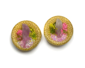 14mm Handmade No. 431 Rose Quartz Crystal Shards Pair Bamboo Wood Double Flare Ear Tunnels Plugs Gauges Stretchers