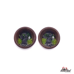 16mm Handmade No. 662 Cats and Tourmaline Pair Bamboo Wood Double Flare Ear Tunnels Plugs Gauges Stretchers