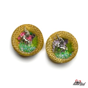 14mm Handmade No. 233 Unicorn Forest Pair Bamboo Wood Double Flare Fit Ear Tunnels Plugs Gauges Stretchers