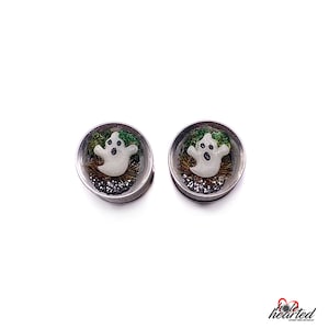 8mm Handmade No. 677 Glow in the Dark Ghosts Pair Steel Double Flare Ear Tunnel Stretcher Plug Gauge