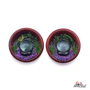 26mm Handmade No. 674 Crystal Balls and Amethyst Pair Bamboo Wood Double Flare Ear Tunnels Plugs Gauges Stretchers