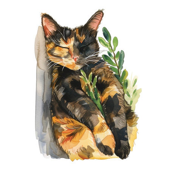 Tortie Adventures: Watercolor Digital Print of a Tortie with flowers - Charming Wall Art for Cat Lovers