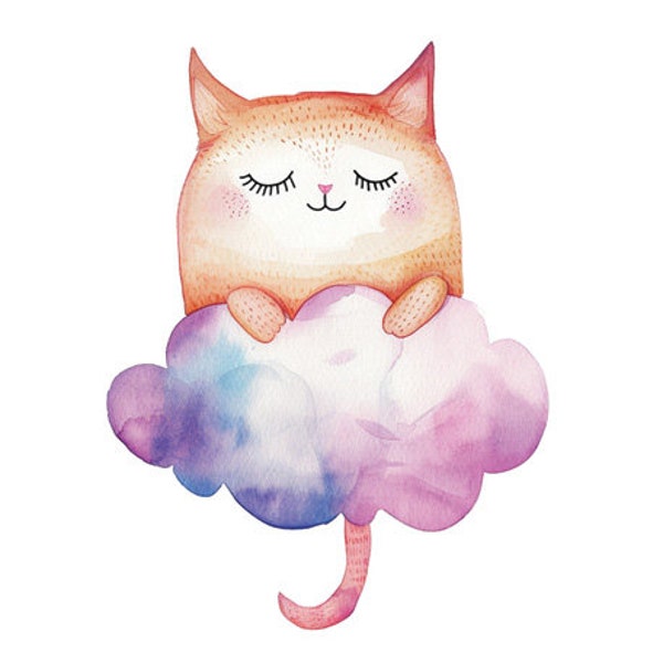 Dreamy Cat Cloud Watercolor Print for Nursery: Adorable Nursery Decor for Little Dreamers - Ideal Wall Decoration
