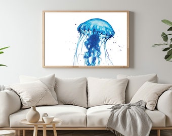 Watercolor Blue Jellyfish, Digital Print, Sea Animal Wall Decoration, Ocean Animal Art Print, Marine Life Illustration, Sea Creature