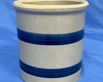 Vintage Stoneware Double Blue Band Crock Refrigerator Bowl Jar 5X5.5 Inch