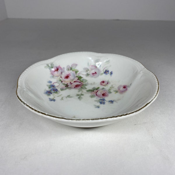 Schwarzenhammer Porcelain Pattern SWH51 Fruit Dessert Sauce Bowl Pink Gray Roses Blue Flowers Scalloped German