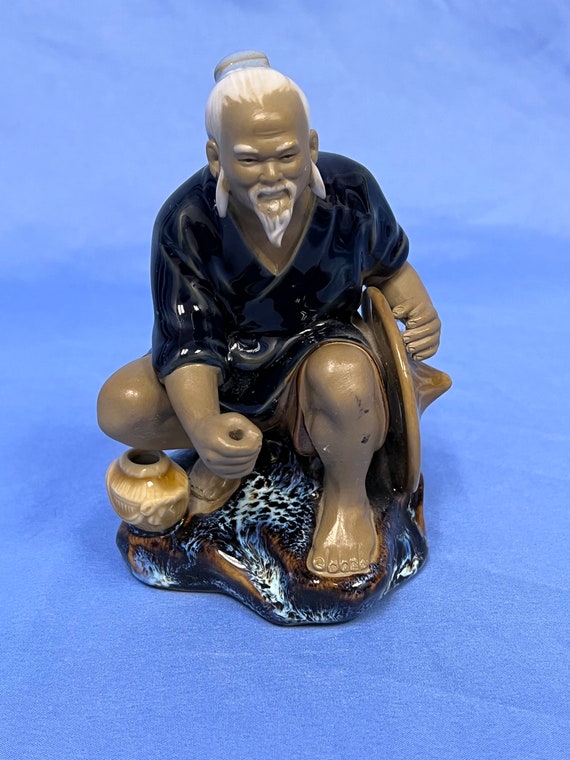 Vintage Chinese Mudman Figurine Shiwan Glossy Clay Art Fisherman