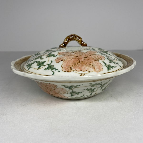 Indra Ceramic Hand Painted Lidded Covered Soup Bowl Pink Flower Green Leaf on Tan