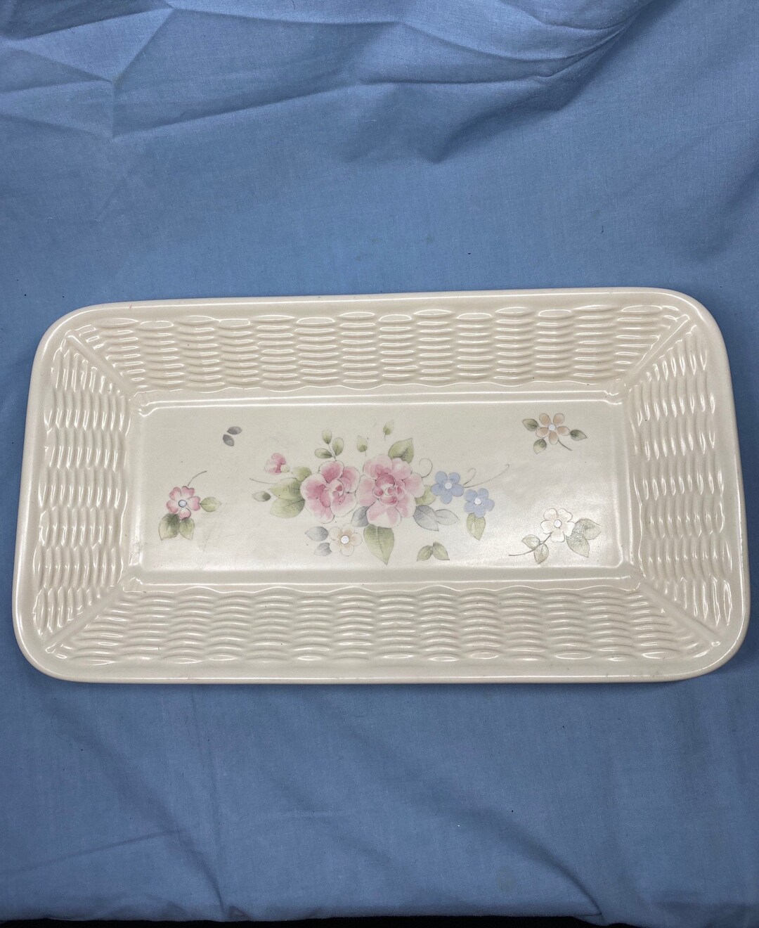 Pfaltzgraff Stoneware Tea Rose Bread Basket Tray Platter Pink Etsy