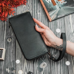 Cartera de pulsera de cuero para mujer, Cartera de pulsera de cuero para iPhone, Cartera de pulsera grande, Cremallera de cartera de pulsera personalizada