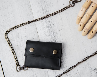 Cartera de cuero con cadena personalizada, Cartera pequeña para hombre, Cartera minimalista para hombre, Cartera biker de cuero, Cartera negra hombre, Cartera de cadena