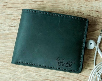 Green wallet for men, Engraved wallet for men, Wallet for Dad, Mens bifold leather wallet, Handmade wallet men, Dad gifts from daughter