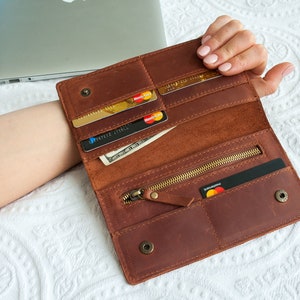 Cartera personalizada, Cartera de cuero, Cartera larga, Cartera bifold, Carteras para mujer, Cartera minimalista, Cartera de cuero delgada, Cartera grabada