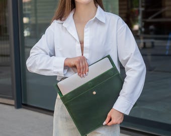Leather laptop sleeve 13 inch, Handmade laptop case with pocket, Personalized laptop cover, Laptop work accessory, Travel laptop sleeve 14