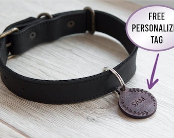 Leather dog collar with tag, Leather dog collar with name, Leather dog collar with buckle, Custom dog collar, Puppy collar personalized