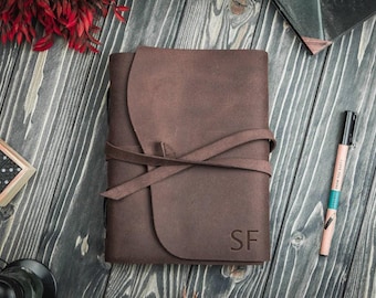Trifold leather journal, Leather bound journal a5 a4 b6, Personalized sketchbook notebook, Custom engraved leather diary gift