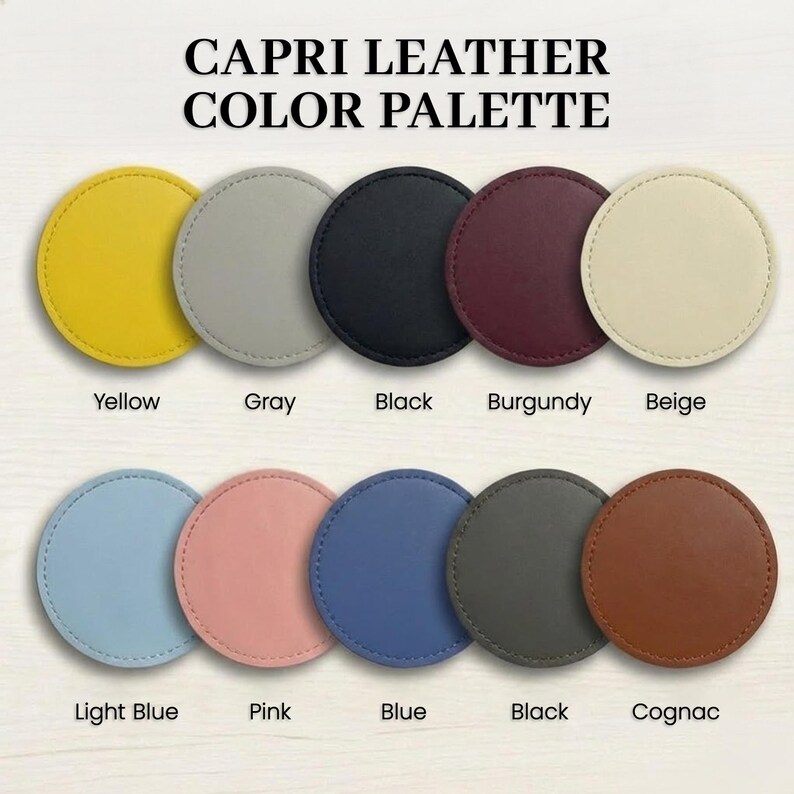a color palette of Capri leather coasters, each with a different color.