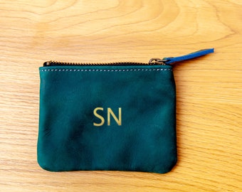 Leather coin pouch with zipper, Leather flat pouch, Custom coin pouch with initials, Small leather pouch, Handmade coin purse