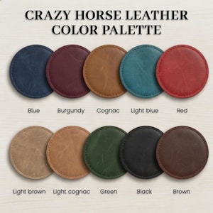 a color palette of various shades of brown leather coasters, with each color labeled.
