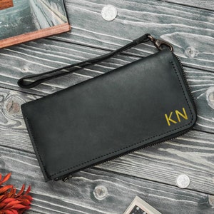 Cremallera de billetera de pulsera de cuero, teléfono de billetera de pulsera, hombres de billetera negra, hombres de billetera personalizados, billetera con inicial, hombres de billetera larga