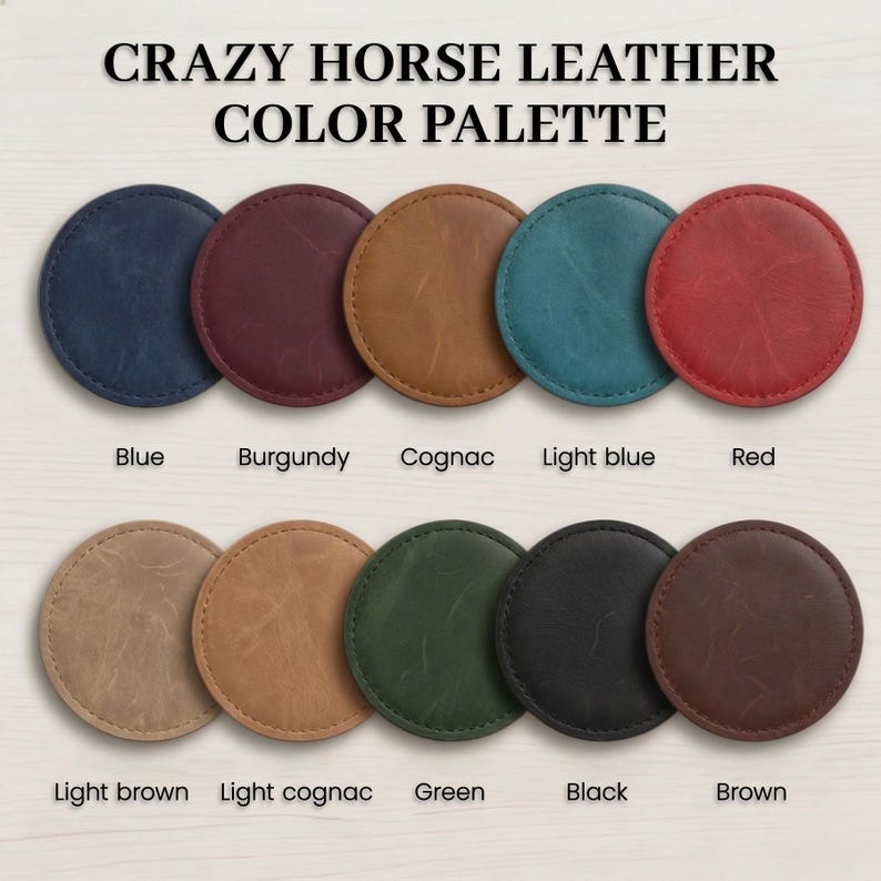 a color palette of various shades of brown leather coasters, with each color labeled.