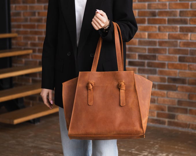 Leather Tote Bag No Zipper, Custom Leather Shoulder Bag, Everyday Tote, Minimalist Handbag, Personalized Gift for Her