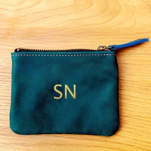 Leather coin pouch with zipper, Leather flat pouch, Custom coin pouch with initials, Small leather pouch, Handmade coin purse