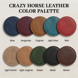 a color palette of various shades of brown leather coasters, with each color labeled.
