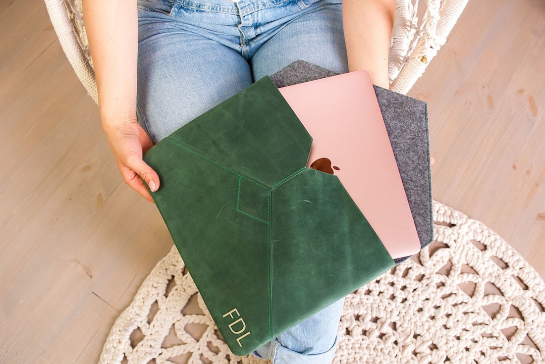 Personalized Laptop Case 13 Inch, Green Laptop Case 17 Inch, Leather