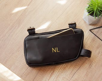 Leather bike frame bag, Custom bicycle frame bag, Leather bicycle bag, Leather bike bag saddle, Bike tool bag, Personalized bike gift bag