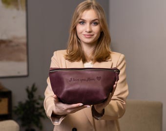 Burgundy makeup bag for mom, Mom cosmetic bag leather, Mom makeup bag engraved, Gift for mom unique, Mothers day gift, Large makeup bag