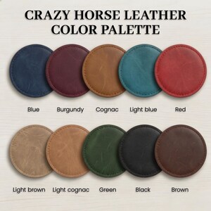 a color palette of various shades of brown leather coasters, with each color labeled.