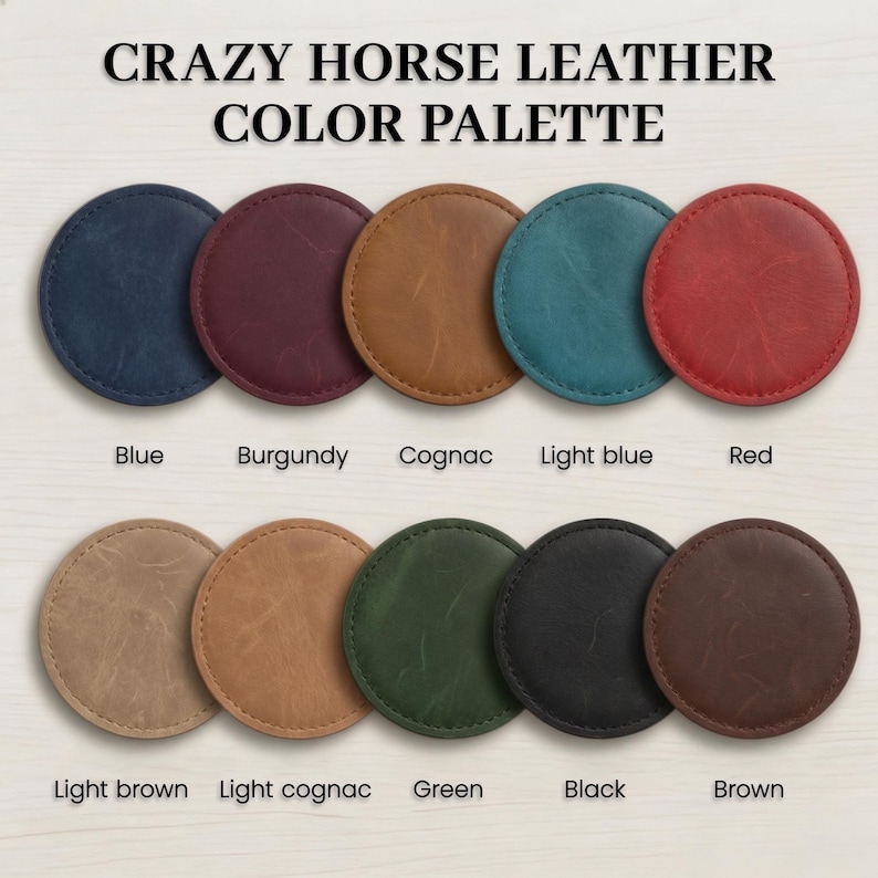 a color palette of various shades of brown leather coasters, with each color labeled.