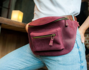 Leather belt bag women, Burgundy fanny pack, Large fanny pack for women, Large belt bag, Leather waist bag, Custom belt bag, Womens belt bag