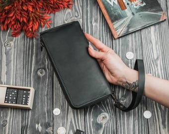 Leather wristlet wallet,Women's wallet leather,Long wallet for women,Zipper wallet