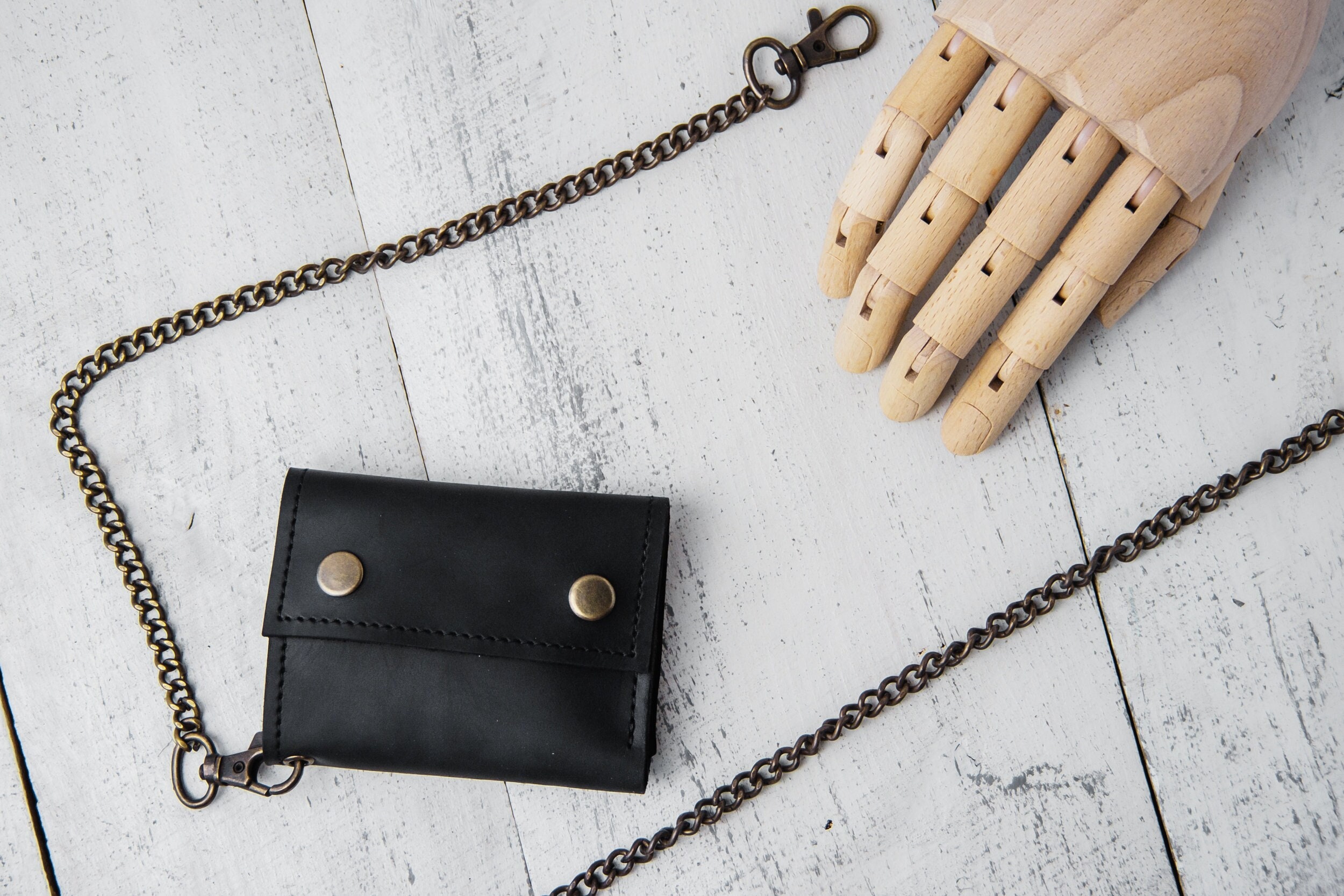 Hand Stained Long Biker Leather Chain Wallet