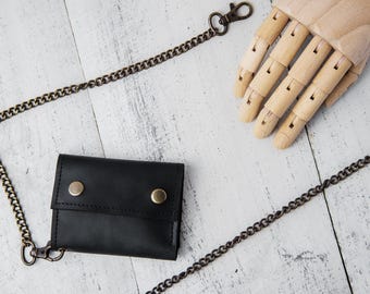 Leather wallet with chain personalize, Small wallet for men, Minimalist wallet for men, Leather biker wallet, Black wallet men, Chain wallet