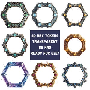 May include: A collection of nine ornate, hexagonal tokens with transparent centers. Each token features a unique design with embedded gemstones and intricate metalwork in various colors, including green, blue, gold, and purple. The image also includes text: "50 HEX TOKENS TRANSPARENT BG PNG READY FOR USE!"
