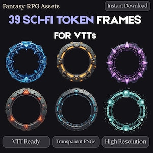 Puede incluir: Imagen de arte digital con seis marcos de fichas de ciencia ficción en una variedad de colores, incluyendo azul, naranja y morado. El texto "39 SCI-FI TOKEN FRAMES FOR VTTs" se muestra en la parte superior. El texto adicional incluye "VTT Ready", "Transparent PNGs" y "High Resolution".