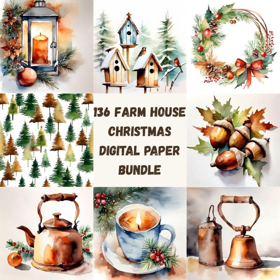 Rustic Farmhouse Christmas Digital Paper: Vintage Watercolor ...