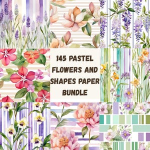 145 Pastell Blumen Digitales Papier Set - Aquarell Blumen und Streifen für Journaling, Scrapbooking, Kunsthandwerk, Druckbare und Karten