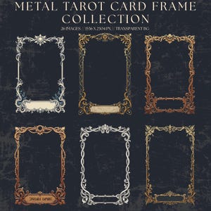 Paquete PNG de marcos metálicos para cartas de tarot • 26 bordes ornamentados en plata, oro y cobre • Fondo transparente • Marcos digitales para tarot y juegos de rol de mesa